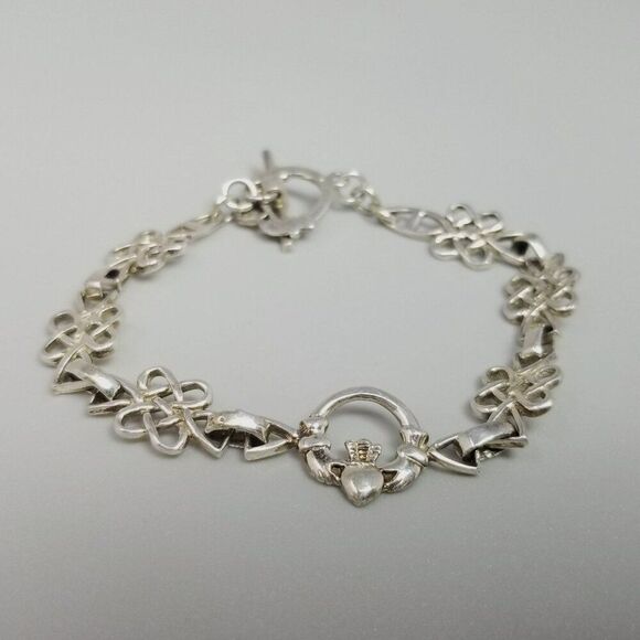 Vintage Sterling Silver Celtic Infinity Love Knots Link Bracelet Claddagh Toggle - Picture 1 of 8